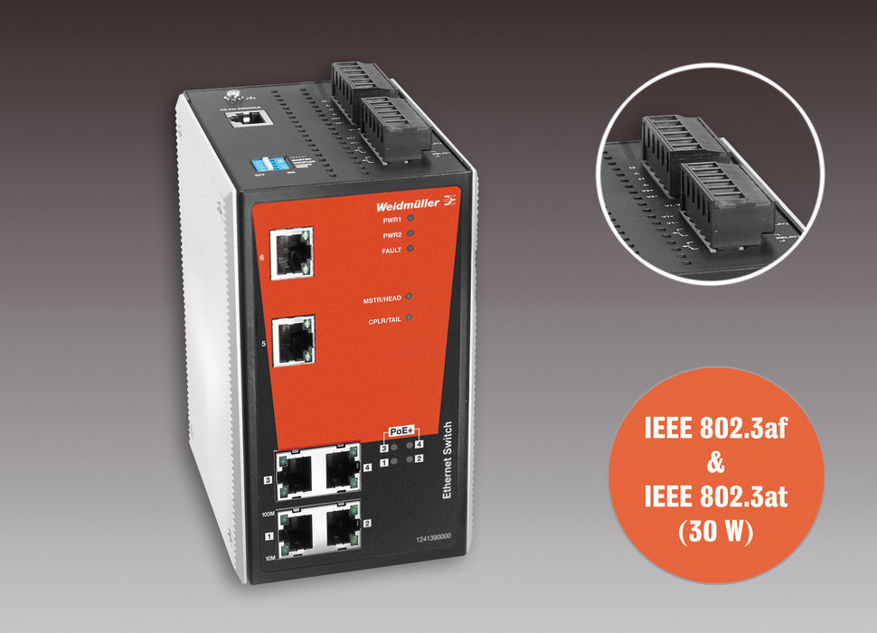 魏德米勒的以太网交换机电源：托管和非托管的6-端口交换机具有4个以太网电源（PoE+）端口。- 用于工业通信应用的新的以太网电源（PoE+）工业以太网交换机。